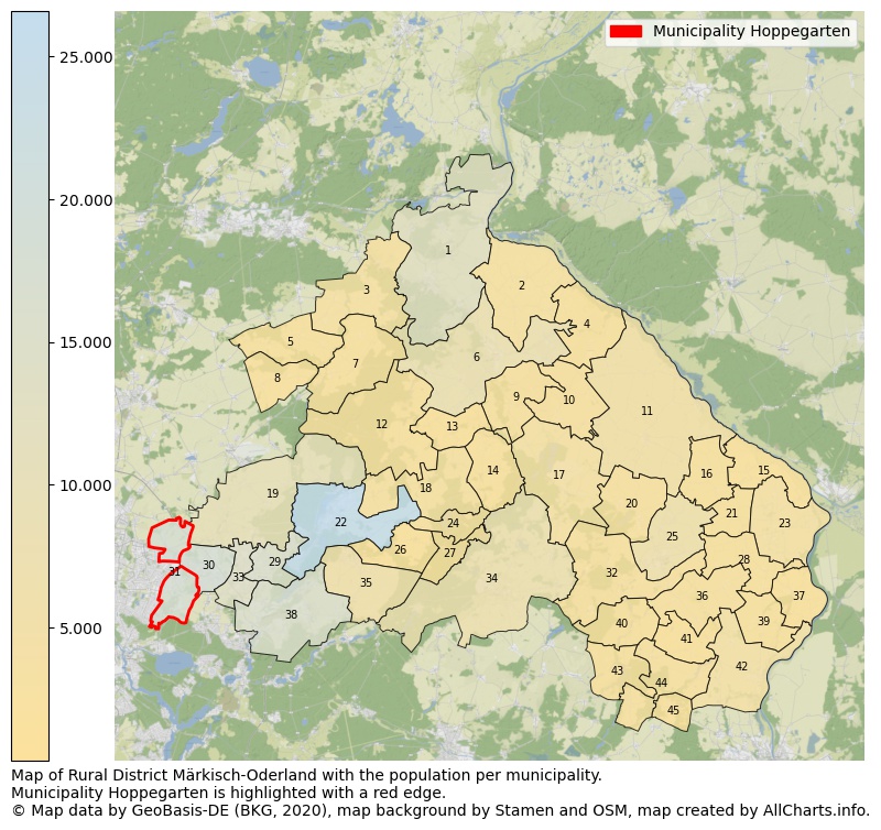Map of Rural district Märkisch-Oderland with the population per municipality.Municipality Hoppegarten is highlighted with a red edge.. This page shows a lot of information about residents (such as the distribution by age groups, family composition, gender, native or German with an immigration background, ...), homes (numbers, types, price development, use, type of property, ...) and more (car ownership, energy consumption, ...) based on open data from the German Federal Agency for Cartography, the Federal Statistical Office (DESTATIS), the Regional Statistical Offices and various other sources!