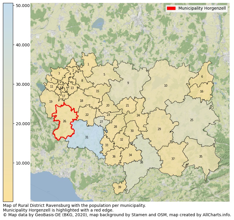 Map of Rural district Ravensburg with the population per municipality.Municipality Horgenzell is highlighted with a red edge.. This page shows a lot of information about residents (such as the distribution by age groups, family composition, gender, native or German with an immigration background, ...), homes (numbers, types, price development, use, type of property, ...) and more (car ownership, energy consumption, ...) based on open data from the German Federal Agency for Cartography, the Federal Statistical Office (DESTATIS), the Regional Statistical Offices and various other sources!