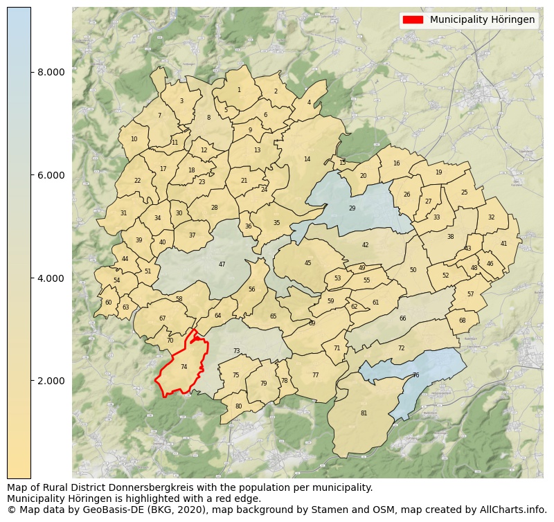 Map of Rural district Donnersbergkreis with the population per municipality.Municipality Höringen is highlighted with a red edge.. This page shows a lot of information about residents (such as the distribution by age groups, family composition, gender, native or German with an immigration background, ...), homes (numbers, types, price development, use, type of property, ...) and more (car ownership, energy consumption, ...) based on open data from the German Federal Agency for Cartography, the Federal Statistical Office (DESTATIS), the Regional Statistical Offices and various other sources!