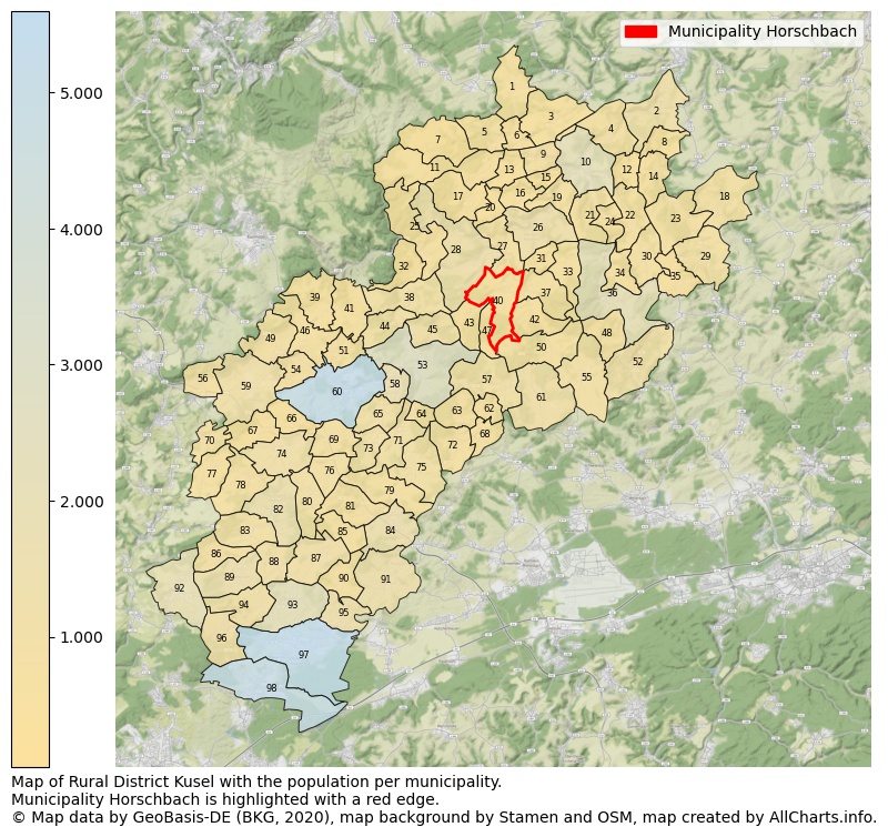 Map of Rural district Kusel with the population per municipality.Municipality Horschbach is highlighted with a red edge.. This page shows a lot of information about residents (such as the distribution by age groups, family composition, gender, native or German with an immigration background, ...), homes (numbers, types, price development, use, type of property, ...) and more (car ownership, energy consumption, ...) based on open data from the German Federal Agency for Cartography, the Federal Statistical Office (DESTATIS), the Regional Statistical Offices and various other sources!