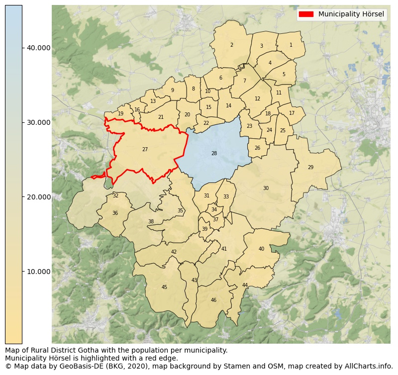 Map of Rural district Gotha with the population per municipality.Municipality Hörsel is highlighted with a red edge.. This page shows a lot of information about residents (such as the distribution by age groups, family composition, gender, native or German with an immigration background, ...), homes (numbers, types, price development, use, type of property, ...) and more (car ownership, energy consumption, ...) based on open data from the German Federal Agency for Cartography, the Federal Statistical Office (DESTATIS), the Regional Statistical Offices and various other sources!