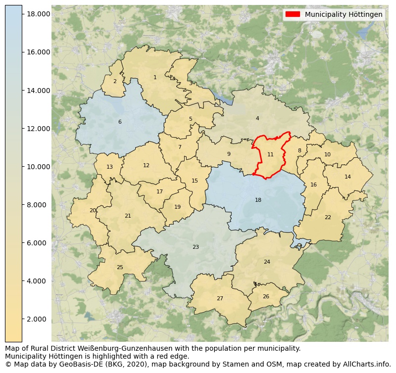 Map of Rural district Weißenburg-Gunzenhausen with the population per municipality.Municipality Höttingen is highlighted with a red edge.. This page shows a lot of information about residents (such as the distribution by age groups, family composition, gender, native or German with an immigration background, ...), homes (numbers, types, price development, use, type of property, ...) and more (car ownership, energy consumption, ...) based on open data from the German Federal Agency for Cartography, the Federal Statistical Office (DESTATIS), the Regional Statistical Offices and various other sources!