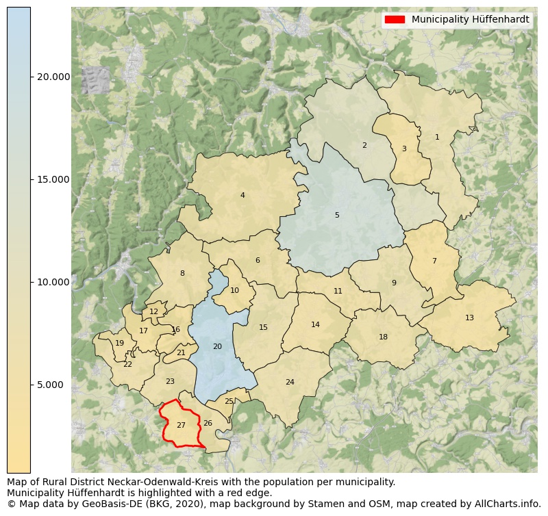 Map of Rural district Neckar-Odenwald-Kreis with the population per municipality.Municipality Hüffenhardt is highlighted with a red edge.. This page shows a lot of information about residents (such as the distribution by age groups, family composition, gender, native or German with an immigration background, ...), homes (numbers, types, price development, use, type of property, ...) and more (car ownership, energy consumption, ...) based on open data from the German Federal Agency for Cartography, the Federal Statistical Office (DESTATIS), the Regional Statistical Offices and various other sources!