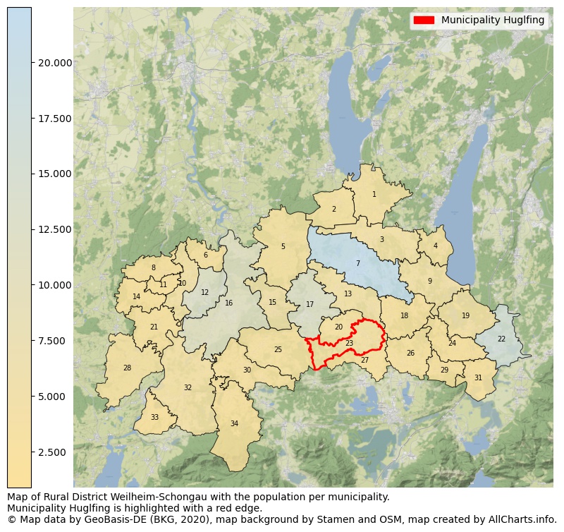 Map of Rural district Weilheim-Schongau with the population per municipality.Municipality Huglfing is highlighted with a red edge.. This page shows a lot of information about residents (such as the distribution by age groups, family composition, gender, native or German with an immigration background, ...), homes (numbers, types, price development, use, type of property, ...) and more (car ownership, energy consumption, ...) based on open data from the German Federal Agency for Cartography, the Federal Statistical Office (DESTATIS), the Regional Statistical Offices and various other sources!