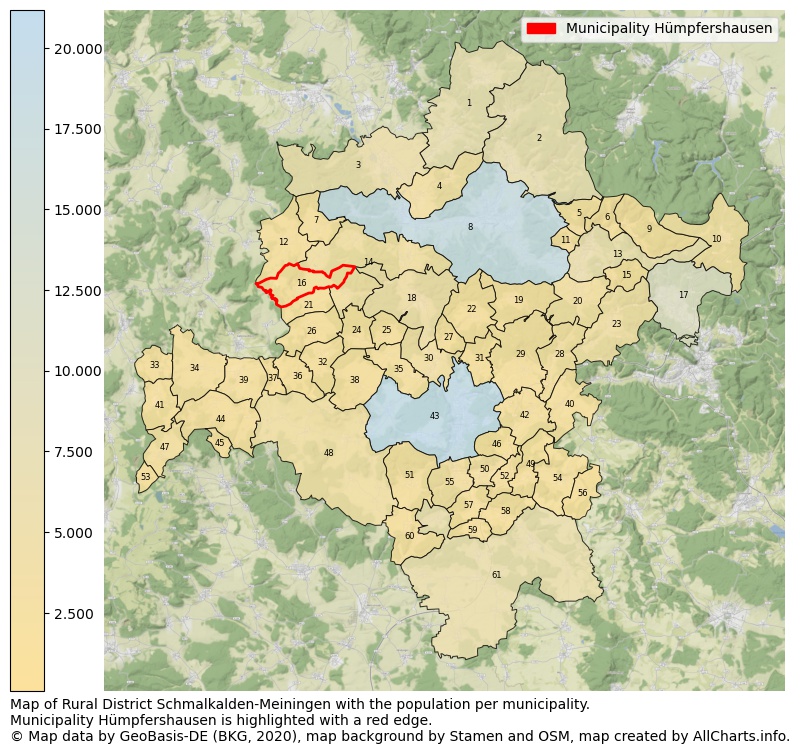 Map of Rural district Schmalkalden-Meiningen with the population per municipality.Municipality Hümpfershausen is highlighted with a red edge.. This page shows a lot of information about residents (such as the distribution by age groups, family composition, gender, native or German with an immigration background, ...), homes (numbers, types, price development, use, type of property, ...) and more (car ownership, energy consumption, ...) based on open data from the German Federal Agency for Cartography, the Federal Statistical Office (DESTATIS), the Regional Statistical Offices and various other sources!