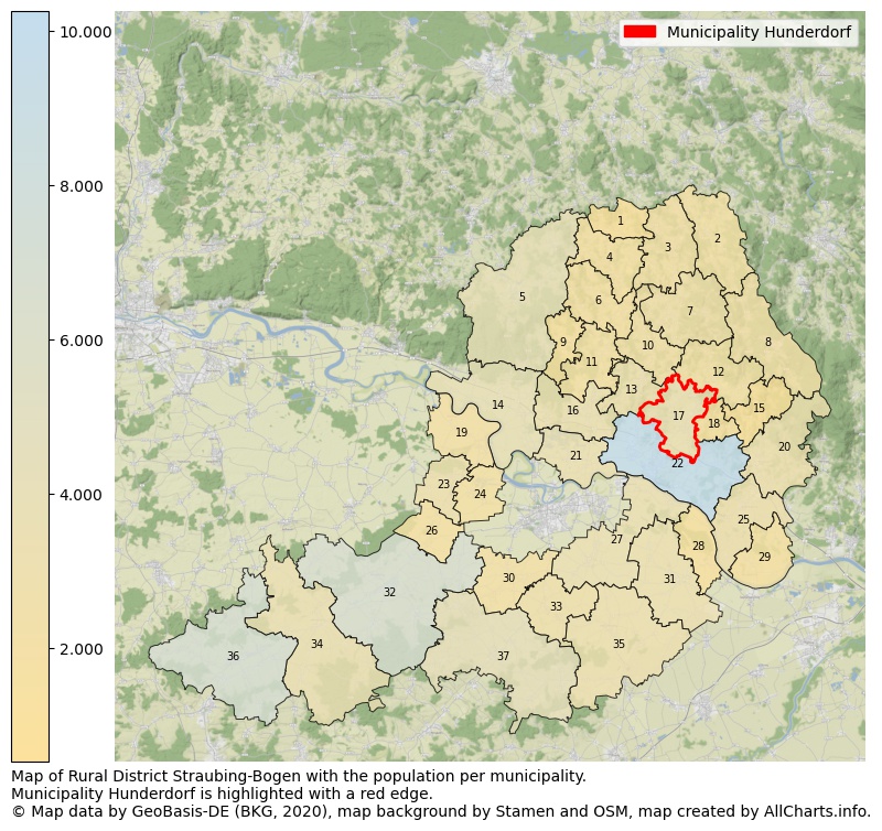 Map of Rural district Straubing-Bogen with the population per municipality.Municipality Hunderdorf is highlighted with a red edge.. This page shows a lot of information about residents (such as the distribution by age groups, family composition, gender, native or German with an immigration background, ...), homes (numbers, types, price development, use, type of property, ...) and more (car ownership, energy consumption, ...) based on open data from the German Federal Agency for Cartography, the Federal Statistical Office (DESTATIS), the Regional Statistical Offices and various other sources!