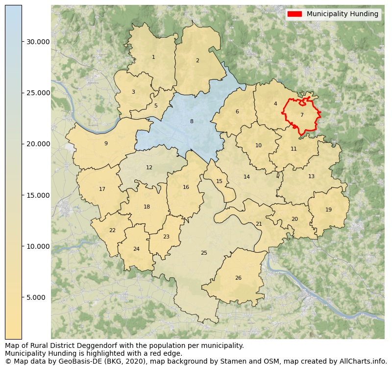 Map of Rural district Deggendorf with the population per municipality.Municipality Hunding is highlighted with a red edge.. This page shows a lot of information about residents (such as the distribution by age groups, family composition, gender, native or German with an immigration background, ...), homes (numbers, types, price development, use, type of property, ...) and more (car ownership, energy consumption, ...) based on open data from the German Federal Agency for Cartography, the Federal Statistical Office (DESTATIS), the Regional Statistical Offices and various other sources!