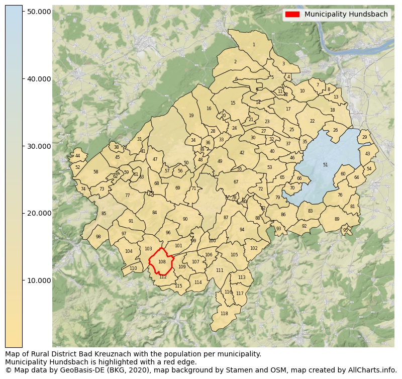 Map of Rural district Bad Kreuznach with the population per municipality.Municipality Hundsbach is highlighted with a red edge.. This page shows a lot of information about residents (such as the distribution by age groups, family composition, gender, native or German with an immigration background, ...), homes (numbers, types, price development, use, type of property, ...) and more (car ownership, energy consumption, ...) based on open data from the German Federal Agency for Cartography, the Federal Statistical Office (DESTATIS), the Regional Statistical Offices and various other sources!