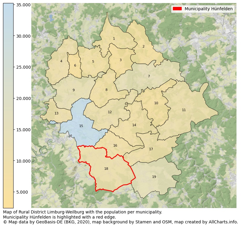 Map of Rural district Limburg-Weilburg with the population per municipality.Municipality Hünfelden is highlighted with a red edge.. This page shows a lot of information about residents (such as the distribution by age groups, family composition, gender, native or German with an immigration background, ...), homes (numbers, types, price development, use, type of property, ...) and more (car ownership, energy consumption, ...) based on open data from the German Federal Agency for Cartography, the Federal Statistical Office (DESTATIS), the Regional Statistical Offices and various other sources!