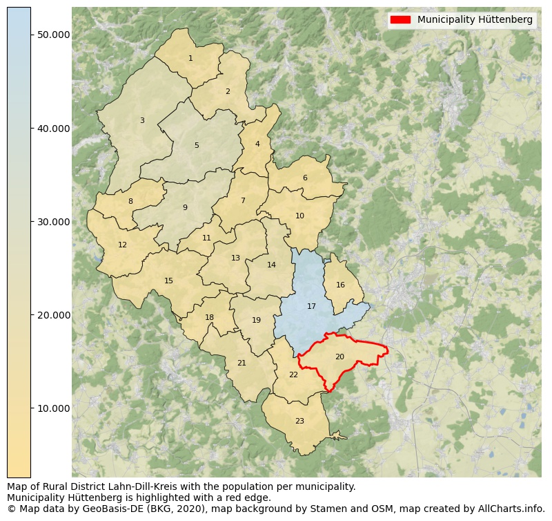 Map of Rural district Lahn-Dill-Kreis with the population per municipality.Municipality Hüttenberg is highlighted with a red edge.. This page shows a lot of information about residents (such as the distribution by age groups, family composition, gender, native or German with an immigration background, ...), homes (numbers, types, price development, use, type of property, ...) and more (car ownership, energy consumption, ...) based on open data from the German Federal Agency for Cartography, the Federal Statistical Office (DESTATIS), the Regional Statistical Offices and various other sources!