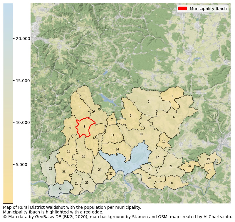 Map of Rural district Waldshut with the population per municipality.Municipality Ibach is highlighted with a red edge.. This page shows a lot of information about residents (such as the distribution by age groups, family composition, gender, native or German with an immigration background, ...), homes (numbers, types, price development, use, type of property, ...) and more (car ownership, energy consumption, ...) based on open data from the German Federal Agency for Cartography, the Federal Statistical Office (DESTATIS), the Regional Statistical Offices and various other sources!