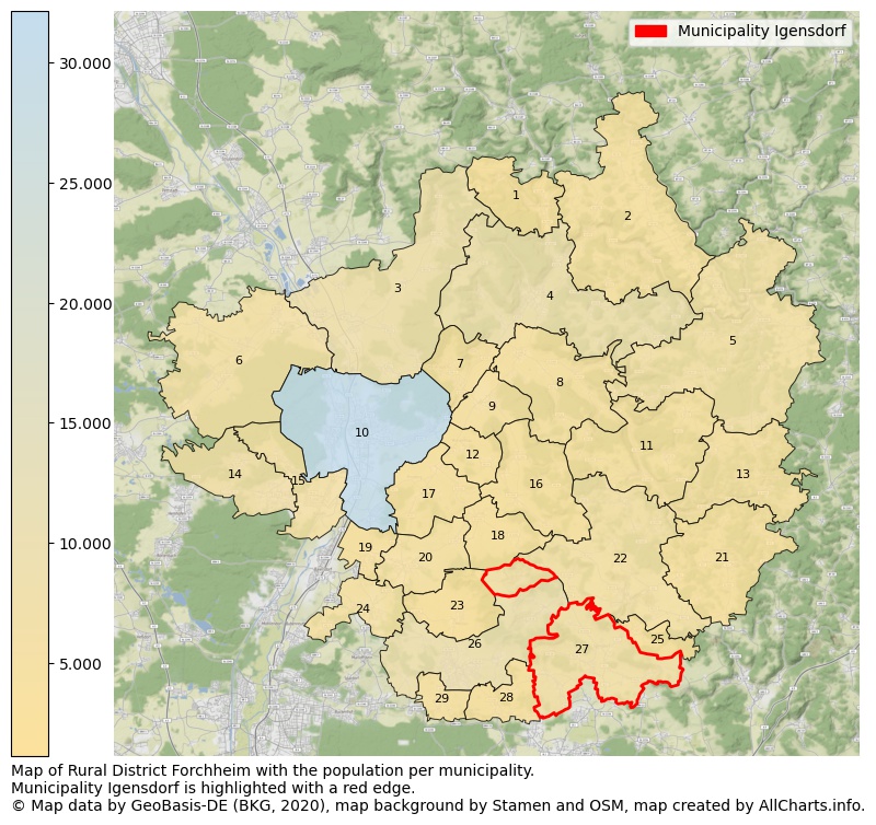 Map of Rural district Forchheim with the population per municipality.Municipality Igensdorf is highlighted with a red edge.. This page shows a lot of information about residents (such as the distribution by age groups, family composition, gender, native or German with an immigration background, ...), homes (numbers, types, price development, use, type of property, ...) and more (car ownership, energy consumption, ...) based on open data from the German Federal Agency for Cartography, the Federal Statistical Office (DESTATIS), the Regional Statistical Offices and various other sources!