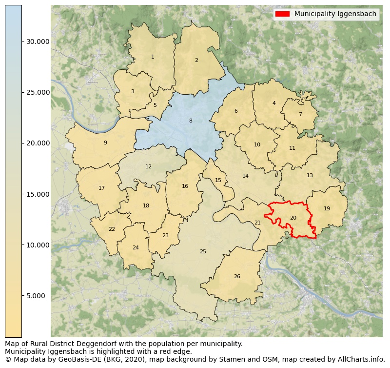 Map of Rural district Deggendorf with the population per municipality.Municipality Iggensbach is highlighted with a red edge.. This page shows a lot of information about residents (such as the distribution by age groups, family composition, gender, native or German with an immigration background, ...), homes (numbers, types, price development, use, type of property, ...) and more (car ownership, energy consumption, ...) based on open data from the German Federal Agency for Cartography, the Federal Statistical Office (DESTATIS), the Regional Statistical Offices and various other sources!