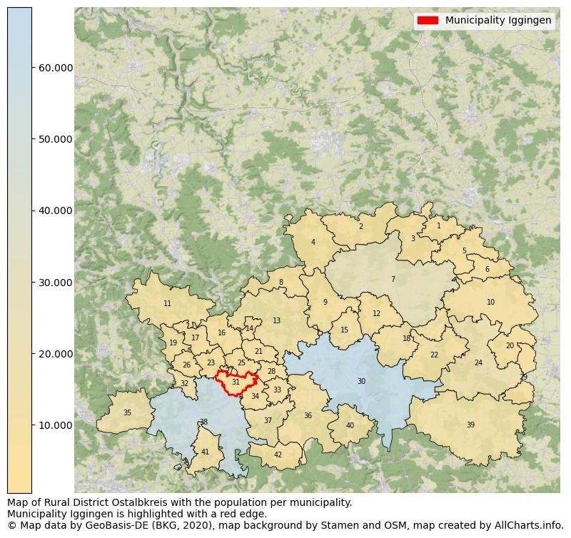 Map of Rural district Ostalbkreis with the population per municipality.Municipality Iggingen is highlighted with a red edge.. This page shows a lot of information about residents (such as the distribution by age groups, family composition, gender, native or German with an immigration background, ...), homes (numbers, types, price development, use, type of property, ...) and more (car ownership, energy consumption, ...) based on open data from the German Federal Agency for Cartography, the Federal Statistical Office (DESTATIS), the Regional Statistical Offices and various other sources!