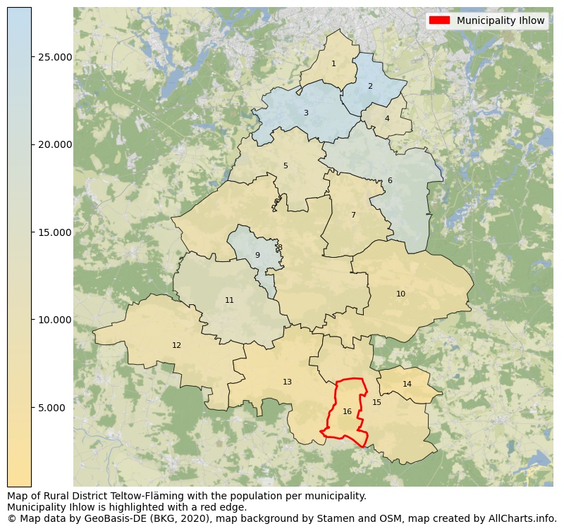 Map of Rural district Teltow-Fläming with the population per municipality.Municipality Ihlow is highlighted with a red edge.. This page shows a lot of information about residents (such as the distribution by age groups, family composition, gender, native or German with an immigration background, ...), homes (numbers, types, price development, use, type of property, ...) and more (car ownership, energy consumption, ...) based on open data from the German Federal Agency for Cartography, the Federal Statistical Office (DESTATIS), the Regional Statistical Offices and various other sources!