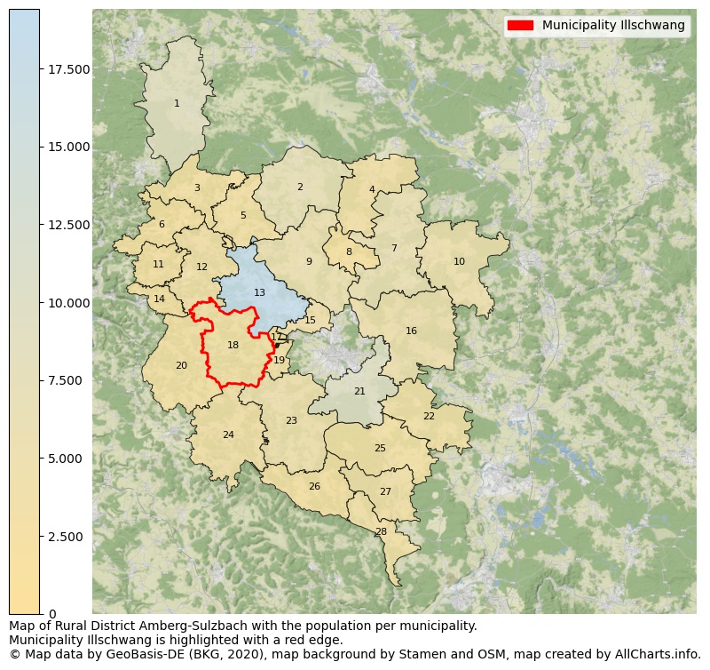 Map of Rural district Amberg-Sulzbach with the population per municipality.Municipality Illschwang is highlighted with a red edge.. This page shows a lot of information about residents (such as the distribution by age groups, family composition, gender, native or German with an immigration background, ...), homes (numbers, types, price development, use, type of property, ...) and more (car ownership, energy consumption, ...) based on open data from the German Federal Agency for Cartography, the Federal Statistical Office (DESTATIS), the Regional Statistical Offices and various other sources!