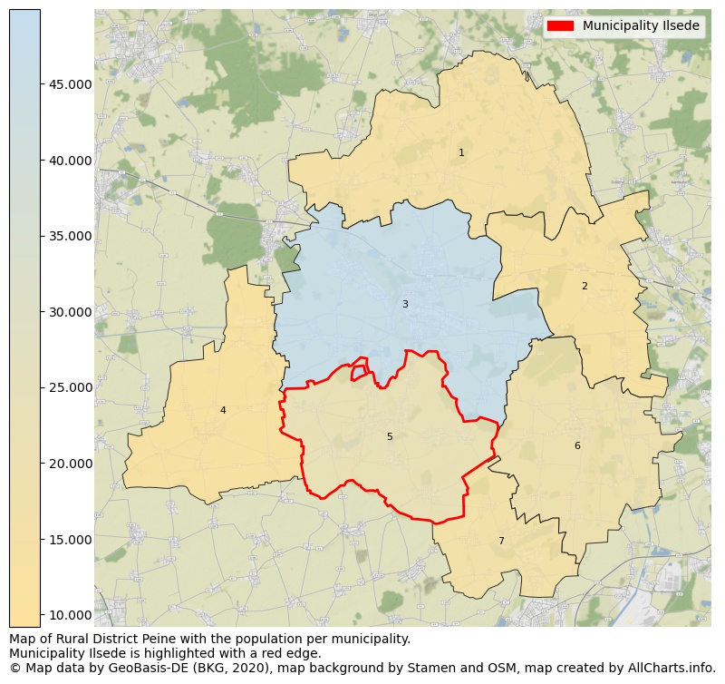 Map of Rural district Peine with the population per municipality.Municipality Ilsede is highlighted with a red edge.. This page shows a lot of information about residents (such as the distribution by age groups, family composition, gender, native or German with an immigration background, ...), homes (numbers, types, price development, use, type of property, ...) and more (car ownership, energy consumption, ...) based on open data from the German Federal Agency for Cartography, the Federal Statistical Office (DESTATIS), the Regional Statistical Offices and various other sources!