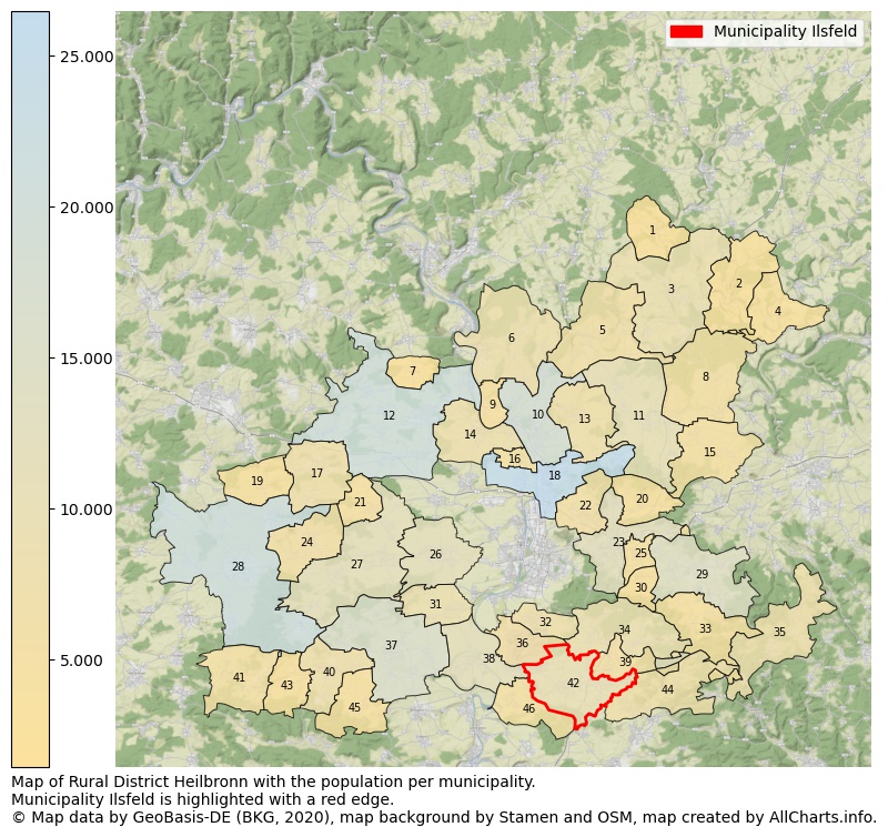 Map of Rural district Heilbronn with the population per municipality.Municipality Ilsfeld is highlighted with a red edge.. This page shows a lot of information about residents (such as the distribution by age groups, family composition, gender, native or German with an immigration background, ...), homes (numbers, types, price development, use, type of property, ...) and more (car ownership, energy consumption, ...) based on open data from the German Federal Agency for Cartography, the Federal Statistical Office (DESTATIS), the Regional Statistical Offices and various other sources!
