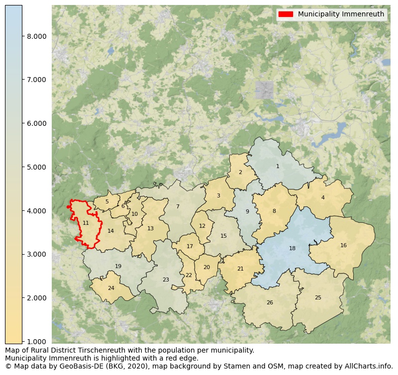 Map of Rural district Tirschenreuth with the population per municipality.Municipality Immenreuth is highlighted with a red edge.. This page shows a lot of information about residents (such as the distribution by age groups, family composition, gender, native or German with an immigration background, ...), homes (numbers, types, price development, use, type of property, ...) and more (car ownership, energy consumption, ...) based on open data from the German Federal Agency for Cartography, the Federal Statistical Office (DESTATIS), the Regional Statistical Offices and various other sources!
