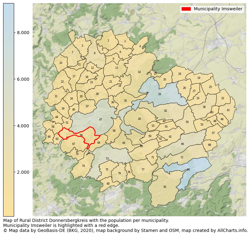 Map of Rural district Donnersbergkreis with the population per municipality.Municipality Imsweiler is highlighted with a red edge.. This page shows a lot of information about residents (such as the distribution by age groups, family composition, gender, native or German with an immigration background, ...), homes (numbers, types, price development, use, type of property, ...) and more (car ownership, energy consumption, ...) based on open data from the German Federal Agency for Cartography, the Federal Statistical Office (DESTATIS), the Regional Statistical Offices and various other sources!