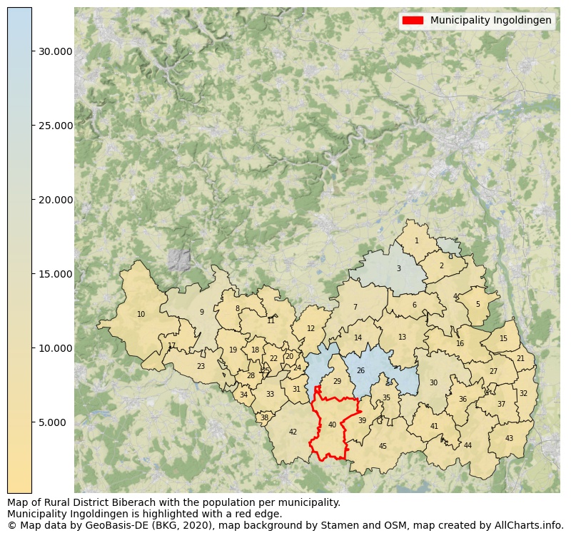 Map of Rural district Biberach with the population per municipality.Municipality Ingoldingen is highlighted with a red edge.. This page shows a lot of information about residents (such as the distribution by age groups, family composition, gender, native or German with an immigration background, ...), homes (numbers, types, price development, use, type of property, ...) and more (car ownership, energy consumption, ...) based on open data from the German Federal Agency for Cartography, the Federal Statistical Office (DESTATIS), the Regional Statistical Offices and various other sources!