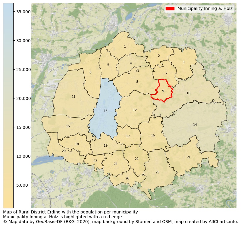 Map of Rural district Erding with the population per municipality.Municipality Inning a. Holz is highlighted with a red edge.. This page shows a lot of information about residents (such as the distribution by age groups, family composition, gender, native or German with an immigration background, ...), homes (numbers, types, price development, use, type of property, ...) and more (car ownership, energy consumption, ...) based on open data from the German Federal Agency for Cartography, the Federal Statistical Office (DESTATIS), the Regional Statistical Offices and various other sources!