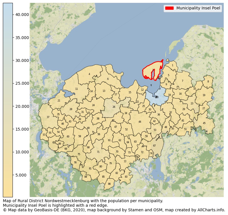 Map of Rural district Nordwestmecklenburg with the population per municipality.Municipality Insel Poel is highlighted with a red edge.. This page shows a lot of information about residents (such as the distribution by age groups, family composition, gender, native or German with an immigration background, ...), homes (numbers, types, price development, use, type of property, ...) and more (car ownership, energy consumption, ...) based on open data from the German Federal Agency for Cartography, the Federal Statistical Office (DESTATIS), the Regional Statistical Offices and various other sources!