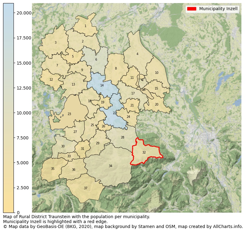 Map of Rural district Traunstein with the population per municipality.Municipality Inzell is highlighted with a red edge.. This page shows a lot of information about residents (such as the distribution by age groups, family composition, gender, native or German with an immigration background, ...), homes (numbers, types, price development, use, type of property, ...) and more (car ownership, energy consumption, ...) based on open data from the German Federal Agency for Cartography, the Federal Statistical Office (DESTATIS), the Regional Statistical Offices and various other sources!