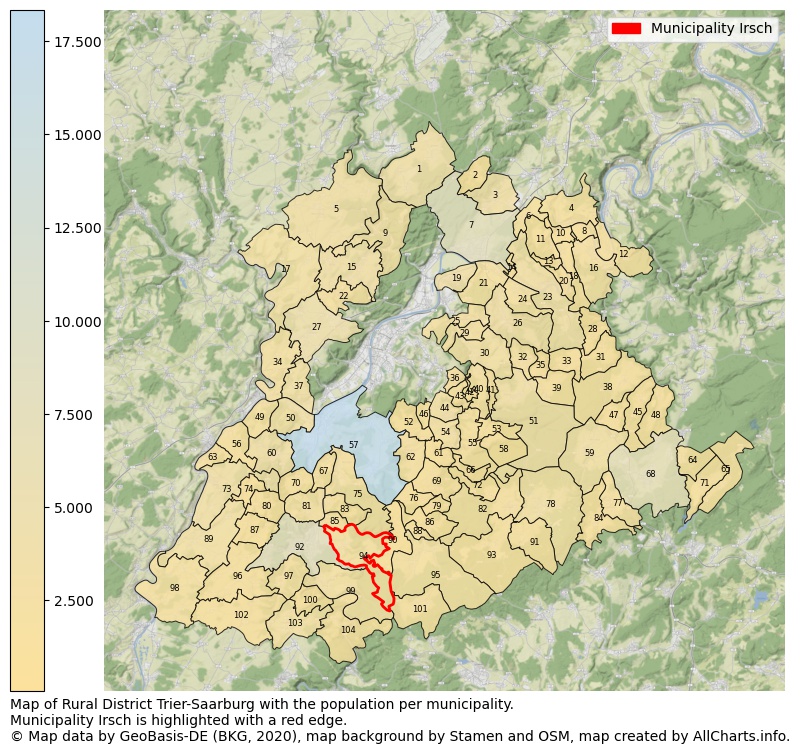 Map of Rural district Trier-Saarburg with the population per municipality.Municipality Irsch is highlighted with a red edge.. This page shows a lot of information about residents (such as the distribution by age groups, family composition, gender, native or German with an immigration background, ...), homes (numbers, types, price development, use, type of property, ...) and more (car ownership, energy consumption, ...) based on open data from the German Federal Agency for Cartography, the Federal Statistical Office (DESTATIS), the Regional Statistical Offices and various other sources!