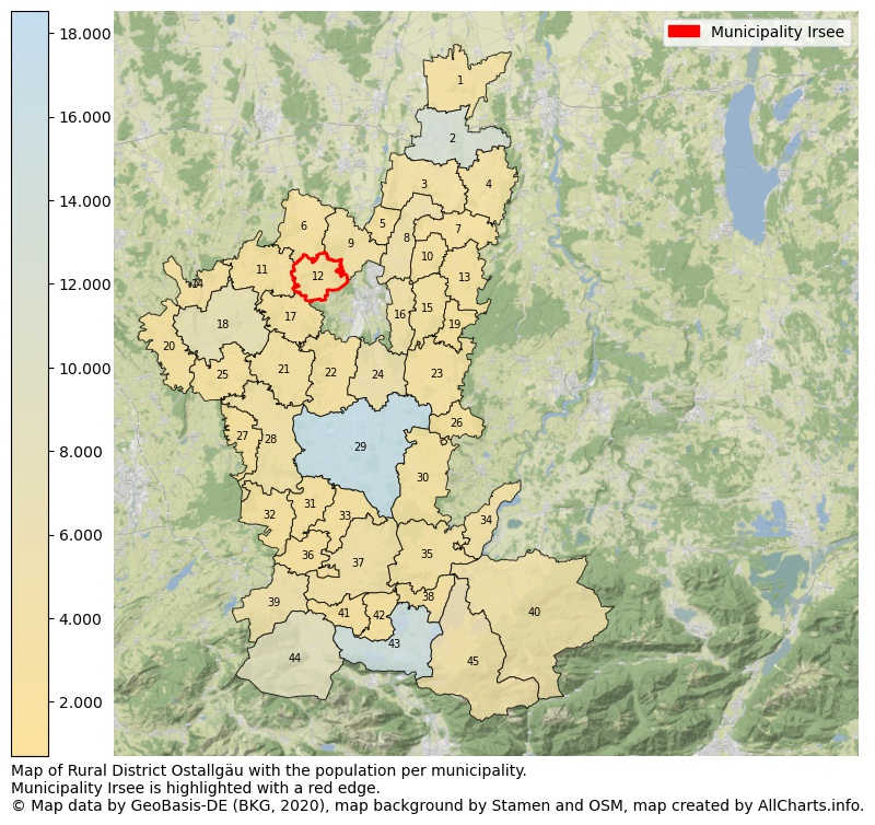 Map of Rural district Ostallgäu with the population per municipality.Municipality Irsee is highlighted with a red edge.. This page shows a lot of information about residents (such as the distribution by age groups, family composition, gender, native or German with an immigration background, ...), homes (numbers, types, price development, use, type of property, ...) and more (car ownership, energy consumption, ...) based on open data from the German Federal Agency for Cartography, the Federal Statistical Office (DESTATIS), the Regional Statistical Offices and various other sources!
