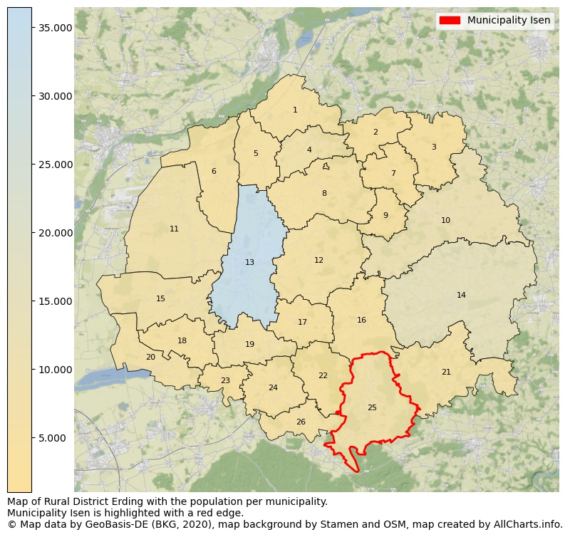 Map of Rural district Erding with the population per municipality.Municipality Isen is highlighted with a red edge.. This page shows a lot of information about residents (such as the distribution by age groups, family composition, gender, native or German with an immigration background, ...), homes (numbers, types, price development, use, type of property, ...) and more (car ownership, energy consumption, ...) based on open data from the German Federal Agency for Cartography, the Federal Statistical Office (DESTATIS), the Regional Statistical Offices and various other sources!