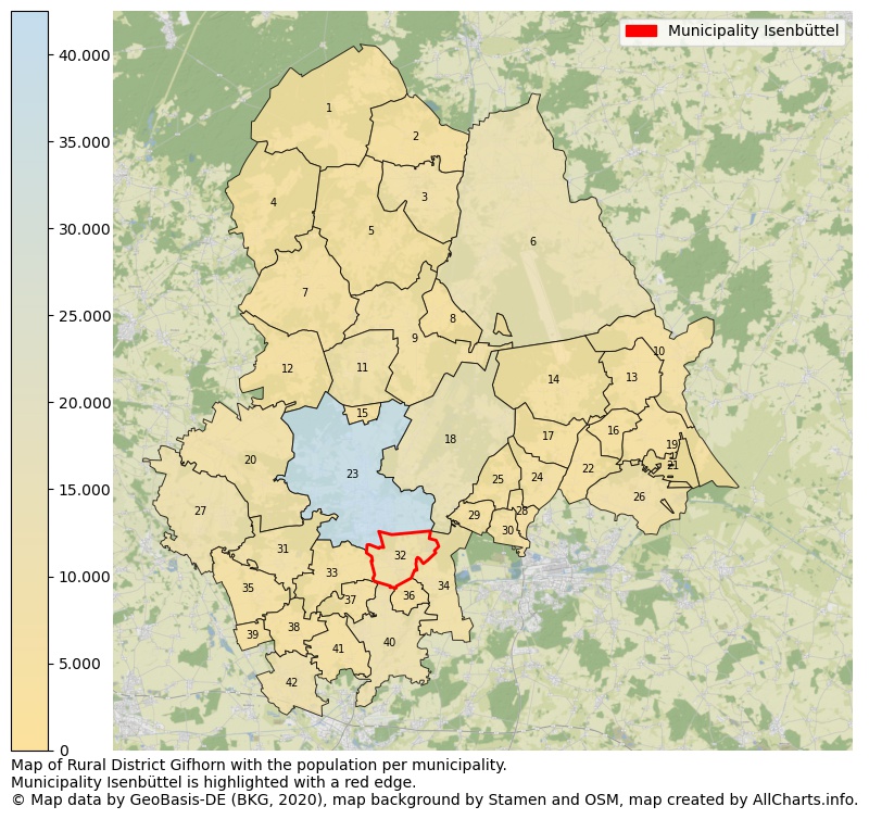 Map of Rural district Gifhorn with the population per municipality.Municipality Isenbüttel is highlighted with a red edge.. This page shows a lot of information about residents (such as the distribution by age groups, family composition, gender, native or German with an immigration background, ...), homes (numbers, types, price development, use, type of property, ...) and more (car ownership, energy consumption, ...) based on open data from the German Federal Agency for Cartography, the Federal Statistical Office (DESTATIS), the Regional Statistical Offices and various other sources!