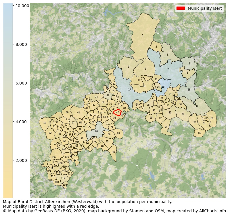 Map of Rural district Altenkirchen (Westerwald) with the population per municipality.Municipality Isert is highlighted with a red edge.. This page shows a lot of information about residents (such as the distribution by age groups, family composition, gender, native or German with an immigration background, ...), homes (numbers, types, price development, use, type of property, ...) and more (car ownership, energy consumption, ...) based on open data from the German Federal Agency for Cartography, the Federal Statistical Office (DESTATIS), the Regional Statistical Offices and various other sources!