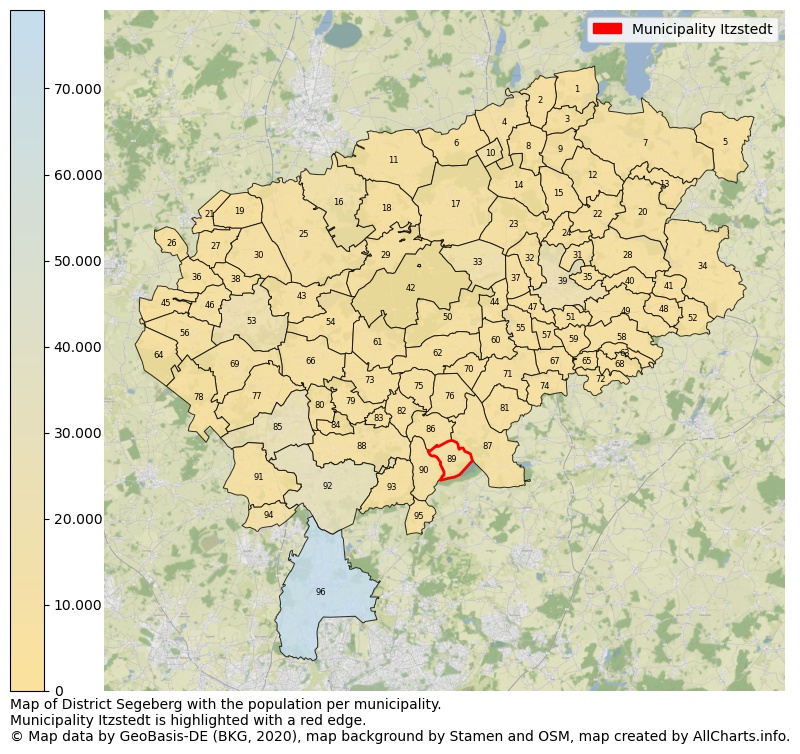 Map of District Segeberg with the population per municipality.Municipality Itzstedt is highlighted with a red edge.. This page shows a lot of information about residents (such as the distribution by age groups, family composition, gender, native or German with an immigration background, ...), homes (numbers, types, price development, use, type of property, ...) and more (car ownership, energy consumption, ...) based on open data from the German Federal Agency for Cartography, the Federal Statistical Office (DESTATIS), the Regional Statistical Offices and various other sources!