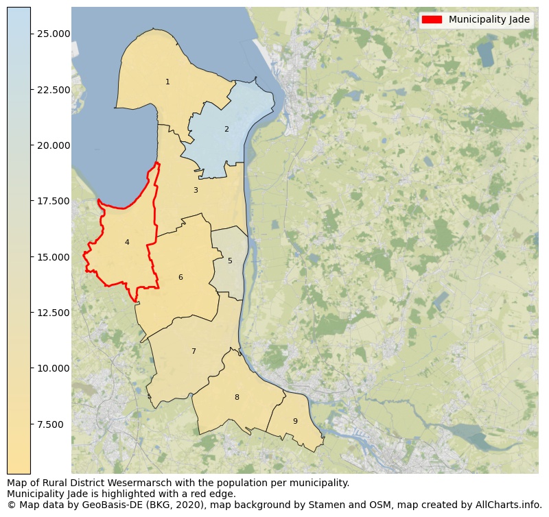 Map of Rural district Wesermarsch with the population per municipality.Municipality Jade is highlighted with a red edge.. This page shows a lot of information about residents (such as the distribution by age groups, family composition, gender, native or German with an immigration background, ...), homes (numbers, types, price development, use, type of property, ...) and more (car ownership, energy consumption, ...) based on open data from the German Federal Agency for Cartography, the Federal Statistical Office (DESTATIS), the Regional Statistical Offices and various other sources!