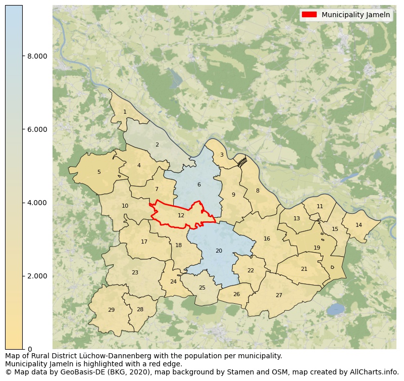 Map of Rural district Lüchow-Dannenberg with the population per municipality.Municipality Jameln is highlighted with a red edge.. This page shows a lot of information about residents (such as the distribution by age groups, family composition, gender, native or German with an immigration background, ...), homes (numbers, types, price development, use, type of property, ...) and more (car ownership, energy consumption, ...) based on open data from the German Federal Agency for Cartography, the Federal Statistical Office (DESTATIS), the Regional Statistical Offices and various other sources!