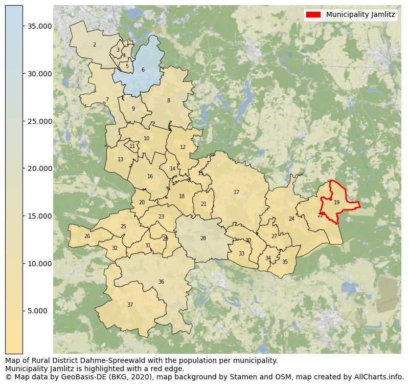 Map of Rural district Dahme-Spreewald with the population per municipality.Municipality Jamlitz is highlighted with a red edge.. This page shows a lot of information about residents (such as the distribution by age groups, family composition, gender, native or German with an immigration background, ...), homes (numbers, types, price development, use, type of property, ...) and more (car ownership, energy consumption, ...) based on open data from the German Federal Agency for Cartography, the Federal Statistical Office (DESTATIS), the Regional Statistical Offices and various other sources!
