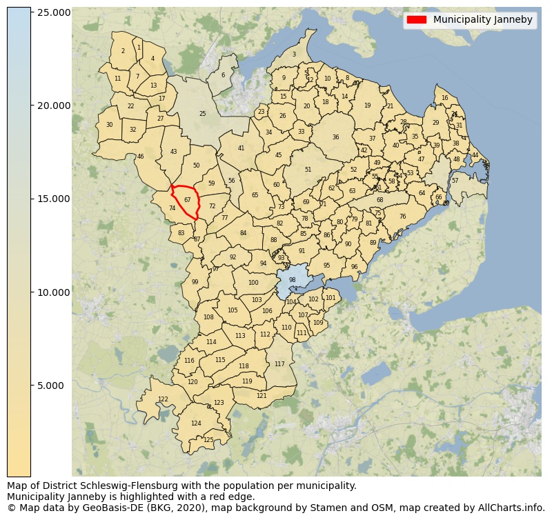 Map of District Schleswig-Flensburg with the population per municipality.Municipality Janneby is highlighted with a red edge.. This page shows a lot of information about residents (such as the distribution by age groups, family composition, gender, native or German with an immigration background, ...), homes (numbers, types, price development, use, type of property, ...) and more (car ownership, energy consumption, ...) based on open data from the German Federal Agency for Cartography, the Federal Statistical Office (DESTATIS), the Regional Statistical Offices and various other sources!