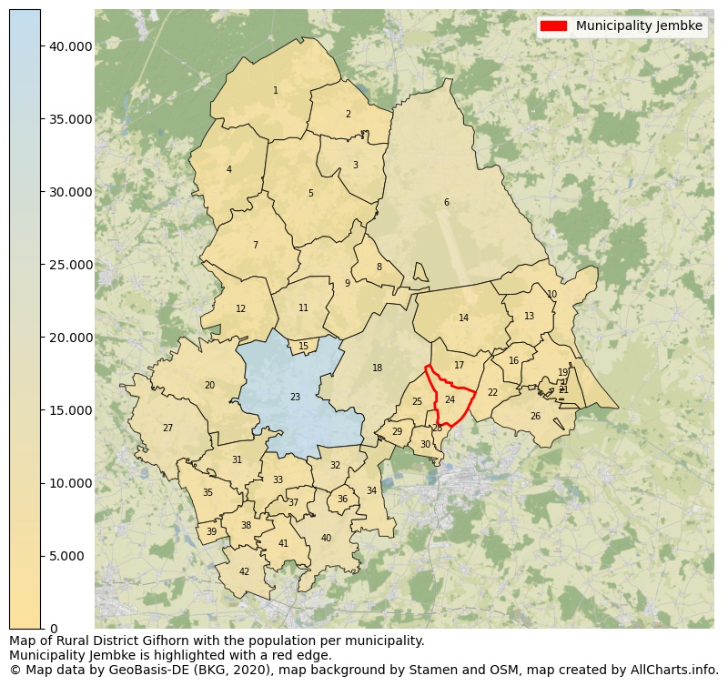 Map of Rural district Gifhorn with the population per municipality.Municipality Jembke is highlighted with a red edge.. This page shows a lot of information about residents (such as the distribution by age groups, family composition, gender, native or German with an immigration background, ...), homes (numbers, types, price development, use, type of property, ...) and more (car ownership, energy consumption, ...) based on open data from the German Federal Agency for Cartography, the Federal Statistical Office (DESTATIS), the Regional Statistical Offices and various other sources!