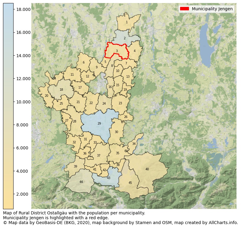 Map of Rural district Ostallgäu with the population per municipality.Municipality Jengen is highlighted with a red edge.. This page shows a lot of information about residents (such as the distribution by age groups, family composition, gender, native or German with an immigration background, ...), homes (numbers, types, price development, use, type of property, ...) and more (car ownership, energy consumption, ...) based on open data from the German Federal Agency for Cartography, the Federal Statistical Office (DESTATIS), the Regional Statistical Offices and various other sources!