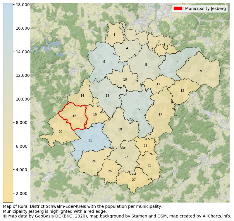 Map of Rural district Schwalm-Eder-Kreis with the population per municipality.Municipality Jesberg is highlighted with a red edge.. This page shows a lot of information about residents (such as the distribution by age groups, family composition, gender, native or German with an immigration background, ...), homes (numbers, types, price development, use, type of property, ...) and more (car ownership, energy consumption, ...) based on open data from the German Federal Agency for Cartography, the Federal Statistical Office (DESTATIS), the Regional Statistical Offices and various other sources!