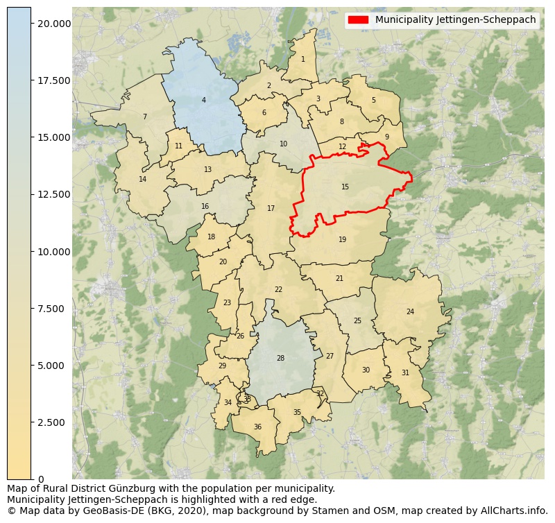 Map of Rural district Günzburg with the population per municipality.Municipality Jettingen-Scheppach is highlighted with a red edge.. This page shows a lot of information about residents (such as the distribution by age groups, family composition, gender, native or German with an immigration background, ...), homes (numbers, types, price development, use, type of property, ...) and more (car ownership, energy consumption, ...) based on open data from the German Federal Agency for Cartography, the Federal Statistical Office (DESTATIS), the Regional Statistical Offices and various other sources!