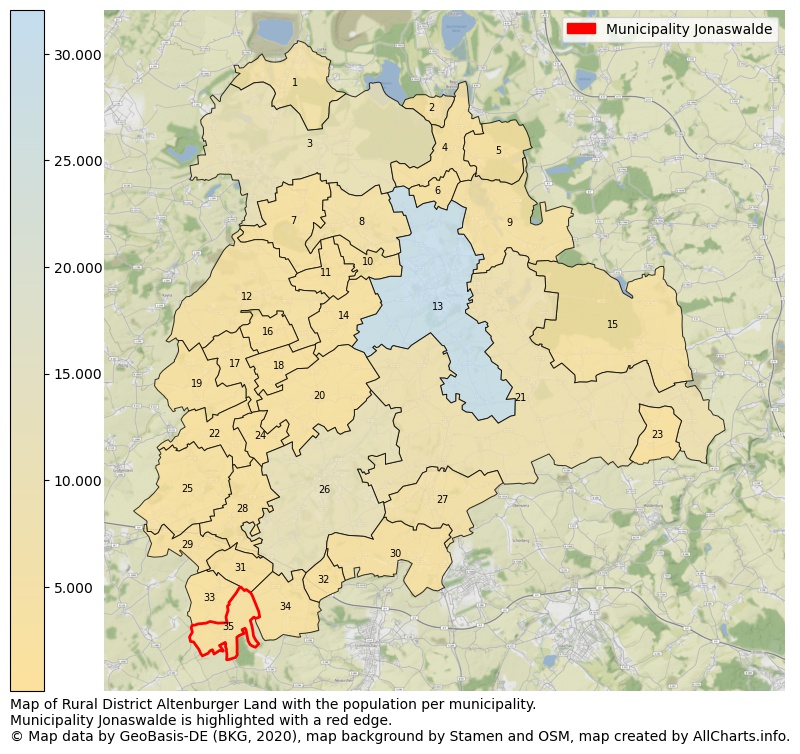 Map of Rural district Altenburger Land with the population per municipality.Municipality Jonaswalde is highlighted with a red edge.. This page shows a lot of information about residents (such as the distribution by age groups, family composition, gender, native or German with an immigration background, ...), homes (numbers, types, price development, use, type of property, ...) and more (car ownership, energy consumption, ...) based on open data from the German Federal Agency for Cartography, the Federal Statistical Office (DESTATIS), the Regional Statistical Offices and various other sources!