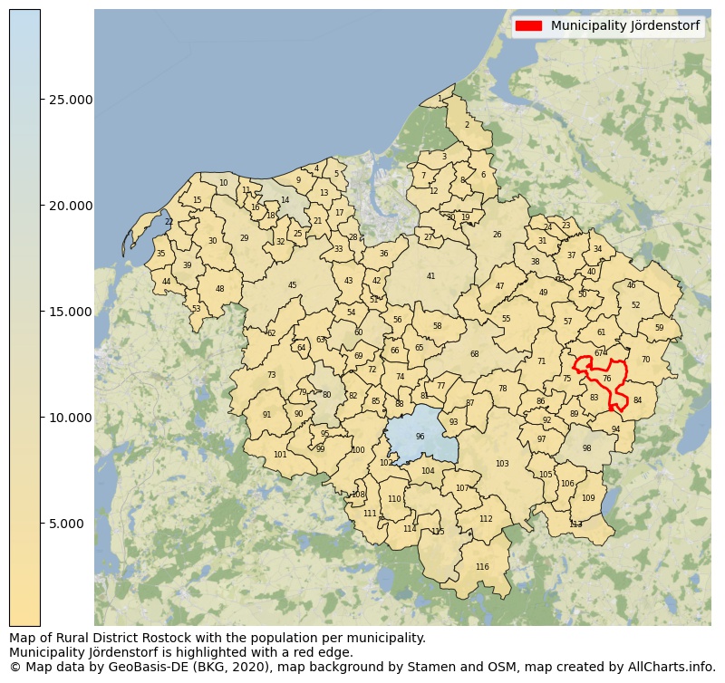 Map of Rural district Rostock with the population per municipality.Municipality Jördenstorf is highlighted with a red edge.. This page shows a lot of information about residents (such as the distribution by age groups, family composition, gender, native or German with an immigration background, ...), homes (numbers, types, price development, use, type of property, ...) and more (car ownership, energy consumption, ...) based on open data from the German Federal Agency for Cartography, the Federal Statistical Office (DESTATIS), the Regional Statistical Offices and various other sources!