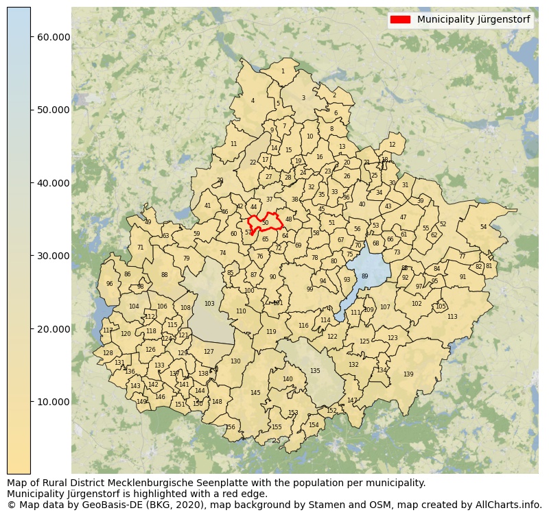 Map of Rural district Mecklenburgische Seenplatte with the population per municipality.Municipality Jürgenstorf is highlighted with a red edge.. This page shows a lot of information about residents (such as the distribution by age groups, family composition, gender, native or German with an immigration background, ...), homes (numbers, types, price development, use, type of property, ...) and more (car ownership, energy consumption, ...) based on open data from the German Federal Agency for Cartography, the Federal Statistical Office (DESTATIS), the Regional Statistical Offices and various other sources!