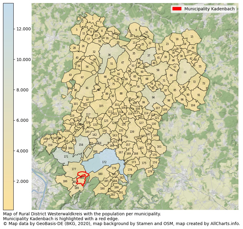 Map of Rural district Westerwaldkreis with the population per municipality.Municipality Kadenbach is highlighted with a red edge.. This page shows a lot of information about residents (such as the distribution by age groups, family composition, gender, native or German with an immigration background, ...), homes (numbers, types, price development, use, type of property, ...) and more (car ownership, energy consumption, ...) based on open data from the German Federal Agency for Cartography, the Federal Statistical Office (DESTATIS), the Regional Statistical Offices and various other sources!