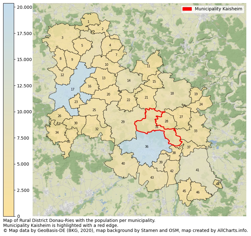 Map of Rural district Donau-Ries with the population per municipality.Municipality Kaisheim is highlighted with a red edge.. This page shows a lot of information about residents (such as the distribution by age groups, family composition, gender, native or German with an immigration background, ...), homes (numbers, types, price development, use, type of property, ...) and more (car ownership, energy consumption, ...) based on open data from the German Federal Agency for Cartography, the Federal Statistical Office (DESTATIS), the Regional Statistical Offices and various other sources!