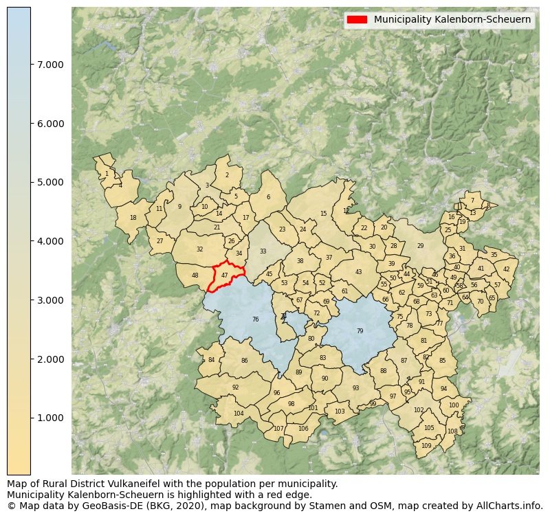Map of Rural district Vulkaneifel with the population per municipality.Municipality Kalenborn-Scheuern is highlighted with a red edge.. This page shows a lot of information about residents (such as the distribution by age groups, family composition, gender, native or German with an immigration background, ...), homes (numbers, types, price development, use, type of property, ...) and more (car ownership, energy consumption, ...) based on open data from the German Federal Agency for Cartography, the Federal Statistical Office (DESTATIS), the Regional Statistical Offices and various other sources!