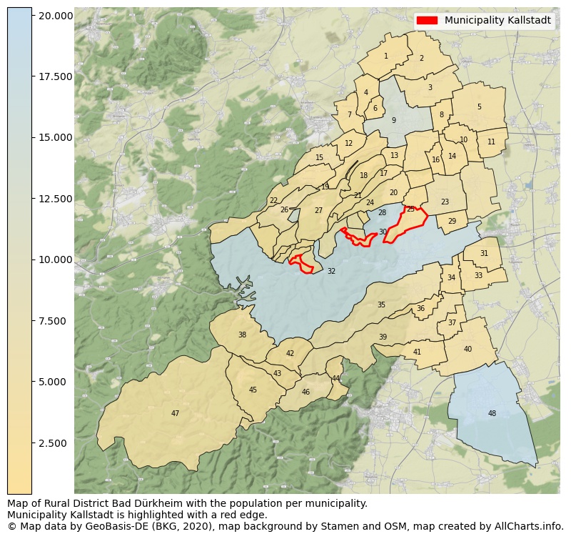 Map of Rural district Bad Dürkheim with the population per municipality.Municipality Kallstadt is highlighted with a red edge.. This page shows a lot of information about residents (such as the distribution by age groups, family composition, gender, native or German with an immigration background, ...), homes (numbers, types, price development, use, type of property, ...) and more (car ownership, energy consumption, ...) based on open data from the German Federal Agency for Cartography, the Federal Statistical Office (DESTATIS), the Regional Statistical Offices and various other sources!