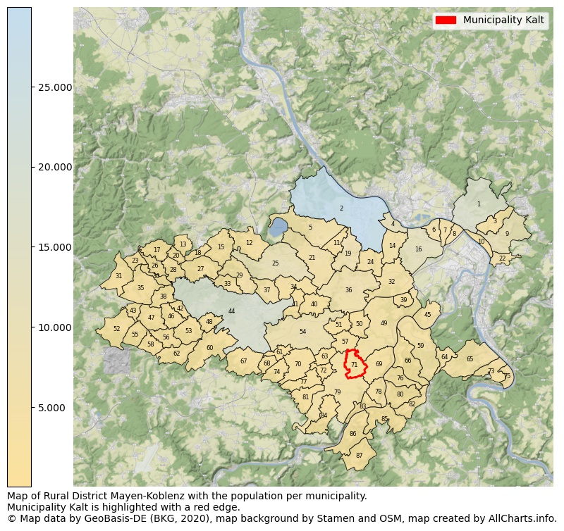 Map of Rural district Mayen-Koblenz with the population per municipality.Municipality Kalt is highlighted with a red edge.. This page shows a lot of information about residents (such as the distribution by age groups, family composition, gender, native or German with an immigration background, ...), homes (numbers, types, price development, use, type of property, ...) and more (car ownership, energy consumption, ...) based on open data from the German Federal Agency for Cartography, the Federal Statistical Office (DESTATIS), the Regional Statistical Offices and various other sources!